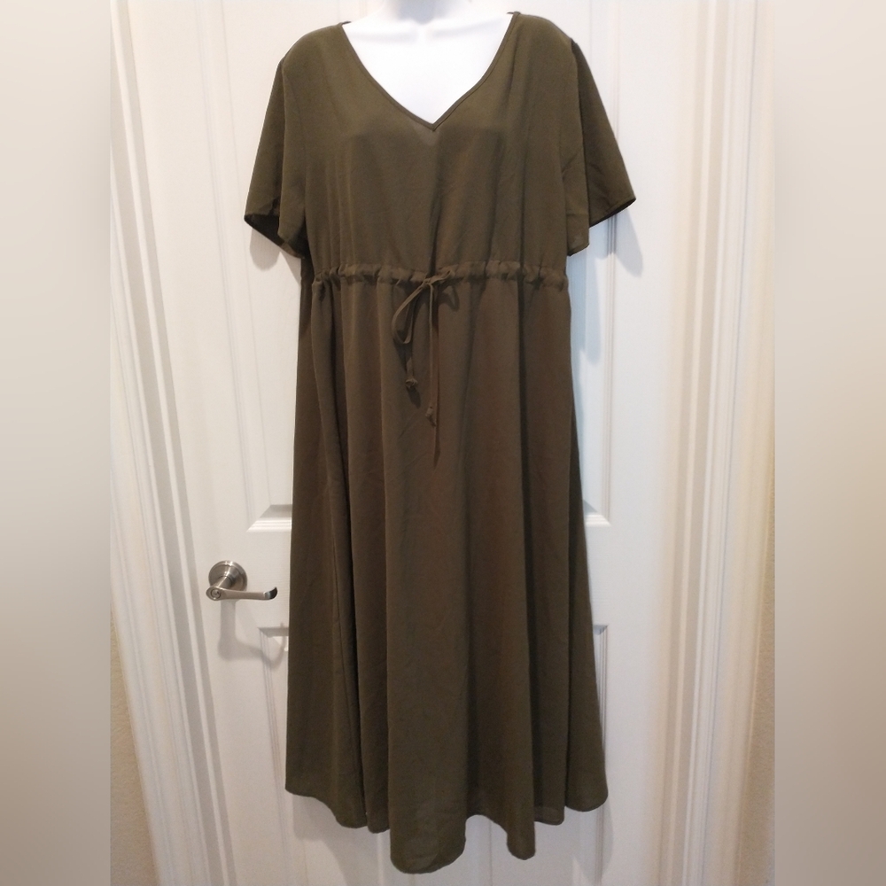Shein Olive Color V-neck Midi Length Dress, XXL